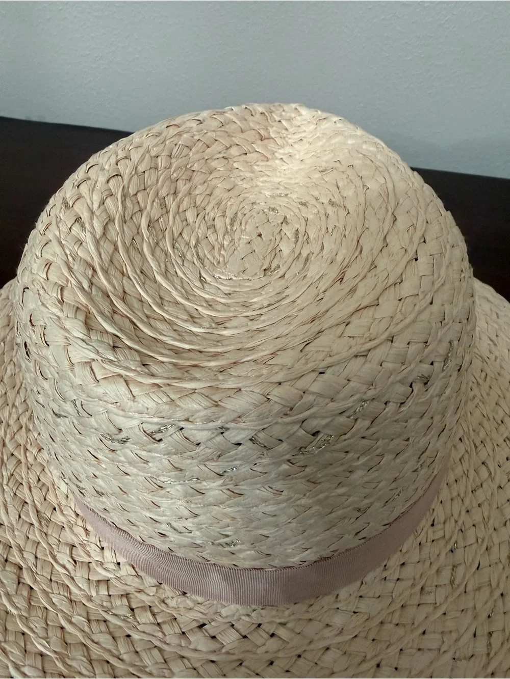 Light Pink and Metallic Straw Panama Hat with Pink Band and Gold V Accent